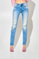 Blue Regular-Waist Straight Jeans with Ripped Knees