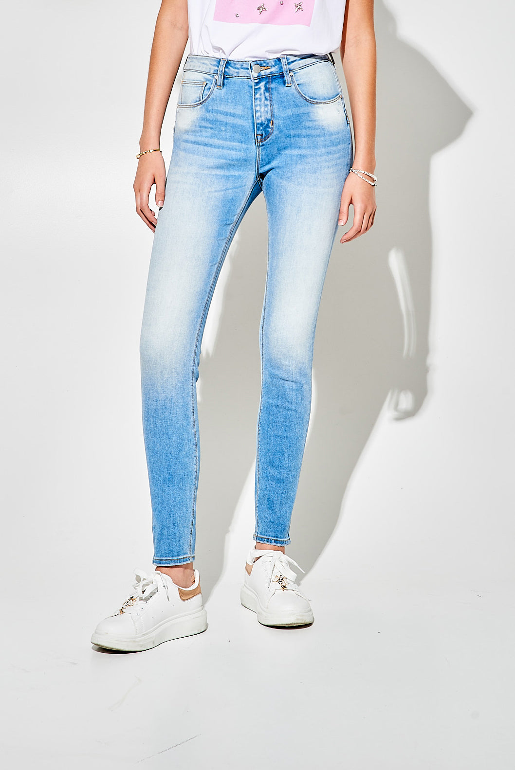 Jeans Skinny Push Up Blu Chiaro a Vita Regolare