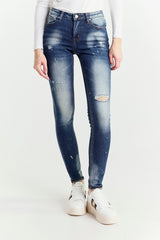 Regular-Waist Blue Skinny Jeans with Rips