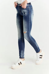 Regular-Waist Blue Skinny Jeans with Rips