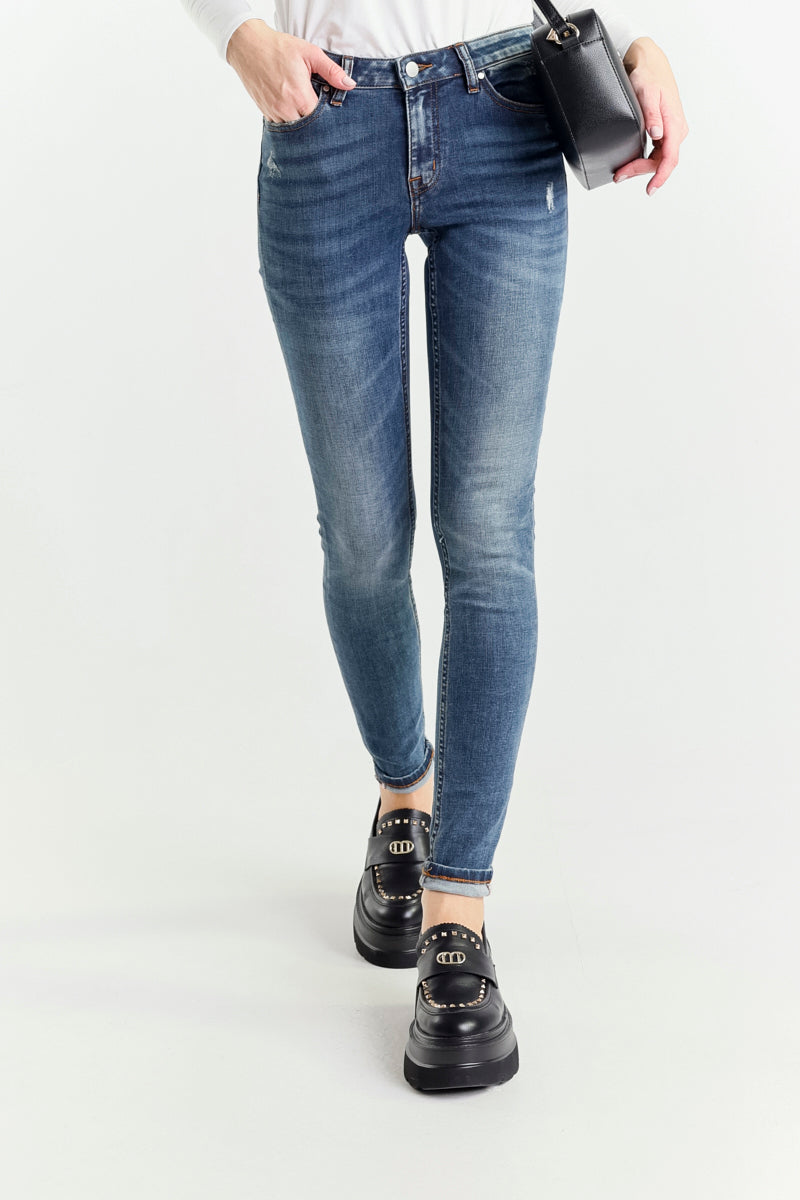 Jeans Skinny Blu a Vita Regolare con Piccole Rotture