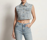 Gilet Donna Denim Crop con Strass – Senza Maniche, Lavaggio Chiaro