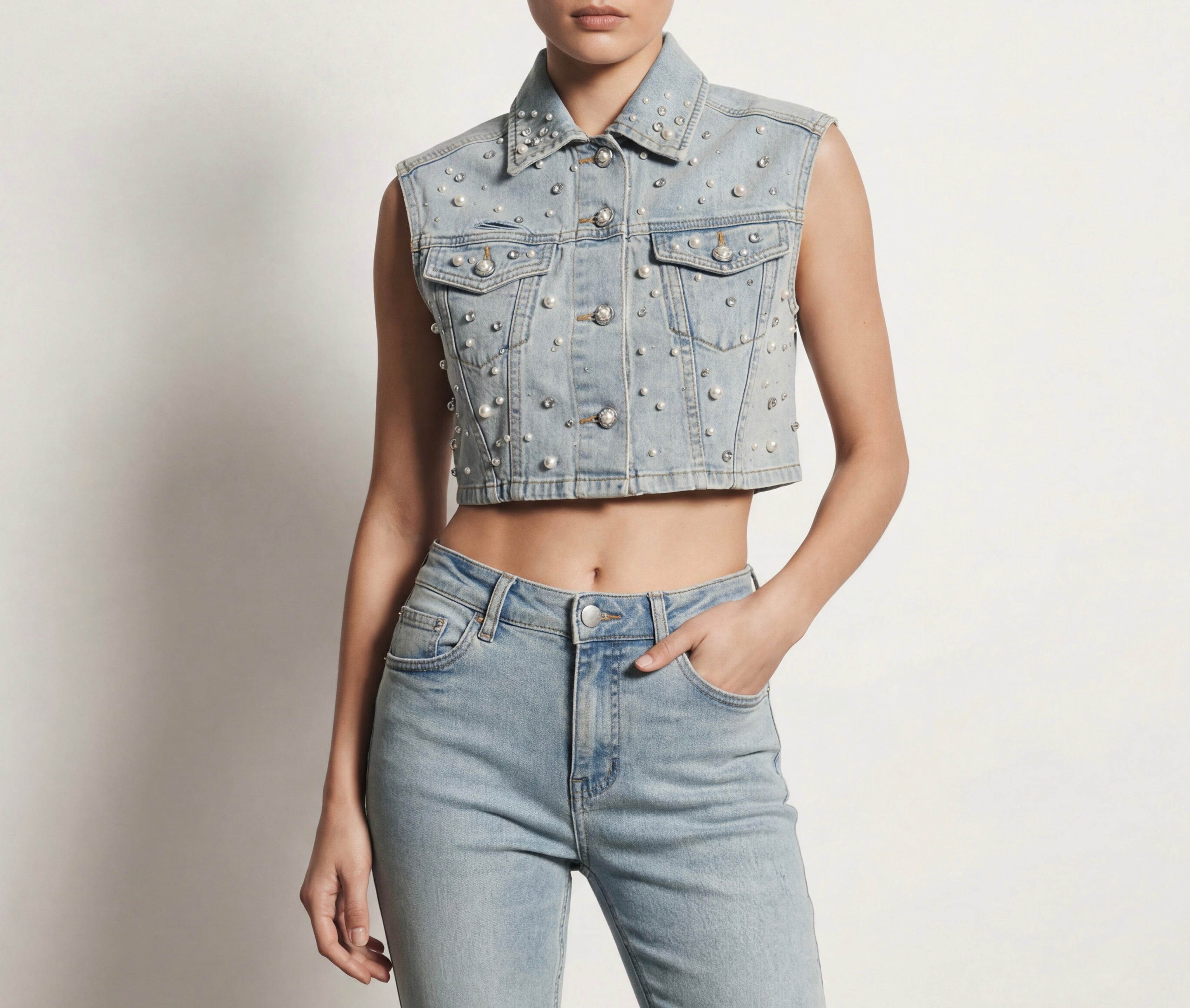 Gilet Donna Denim Crop con Strass – Senza Maniche, Lavaggio Chiaro