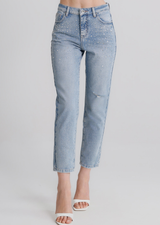 Jeans Donna Straight Fit Denim Chiaro con Strass – Vita Media, Effetto Used