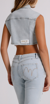 Gilet Donna Denim Crop con Strass – Senza Maniche, Lavaggio Chiaro