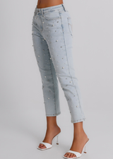 Jeans Donna Boyfriend Fit Denim Chiaro con Perle – Vita Media, Stile Casual Glam