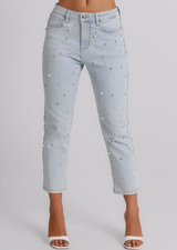 Jeans Donna Boyfriend Fit Denim Chiaro con Perle – Vita Media, Stile Casual Glam