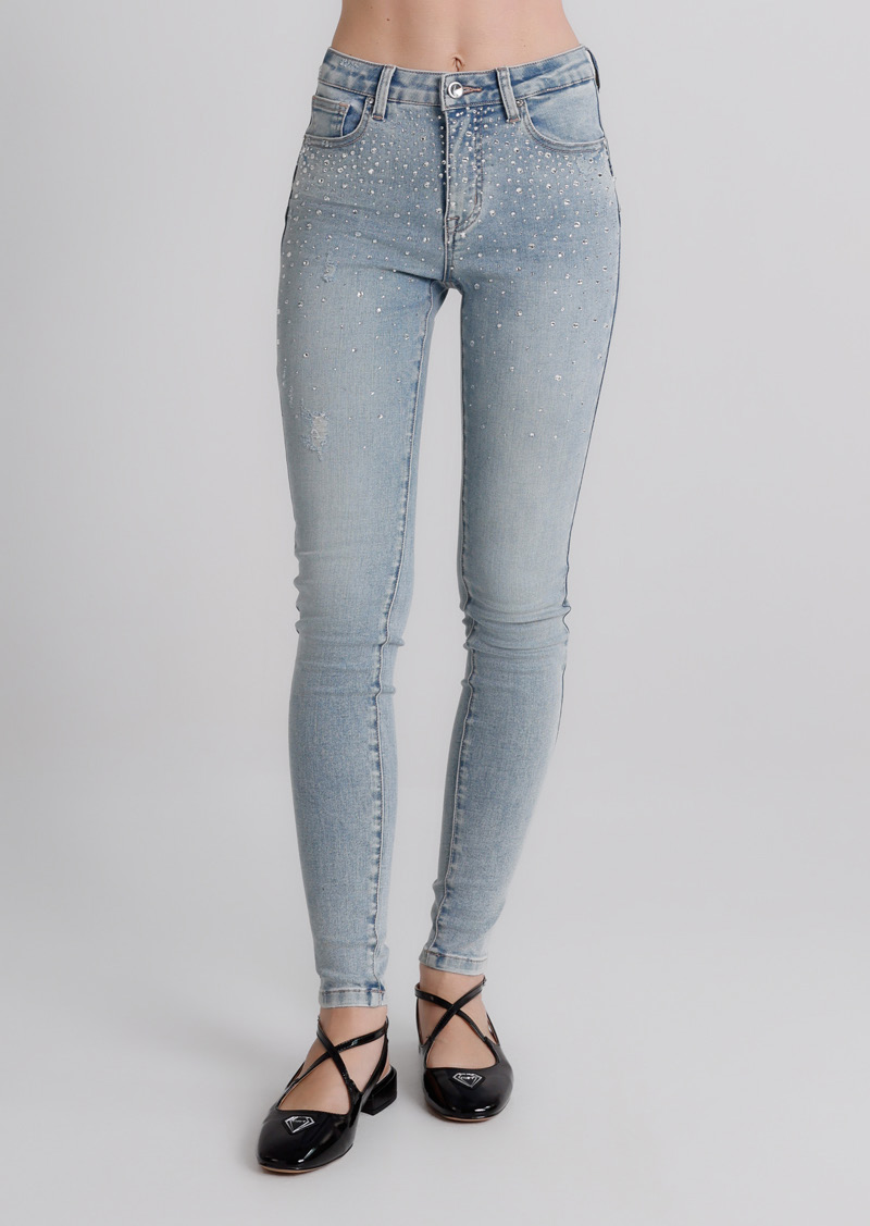Jeans Donna Skinny Fit Denim Chiaro con Micro Strass – Vita Media, Effetto Second Skin