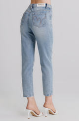 Jeans Donna Straight Fit Denim Chiaro con Strass – Vita Media, Effetto Used