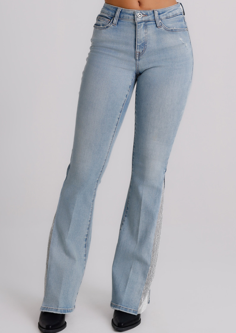 Jeans Donna Flare Fit Denim Chiaro con Inserti Luminosi – Vita Media, Gamba Svasata