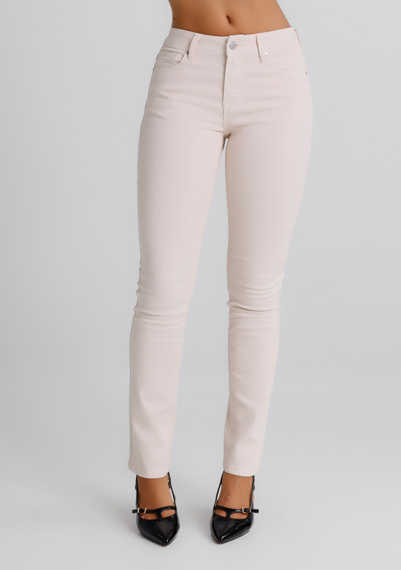 Jeans Donna Straight Fit Beige con Micro Strass – Vita Media, Stile Elegante Moderno