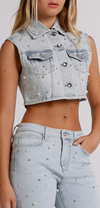 Gilet Donna Denim Crop con Strass – Senza Maniche, Lavaggio Chiaro