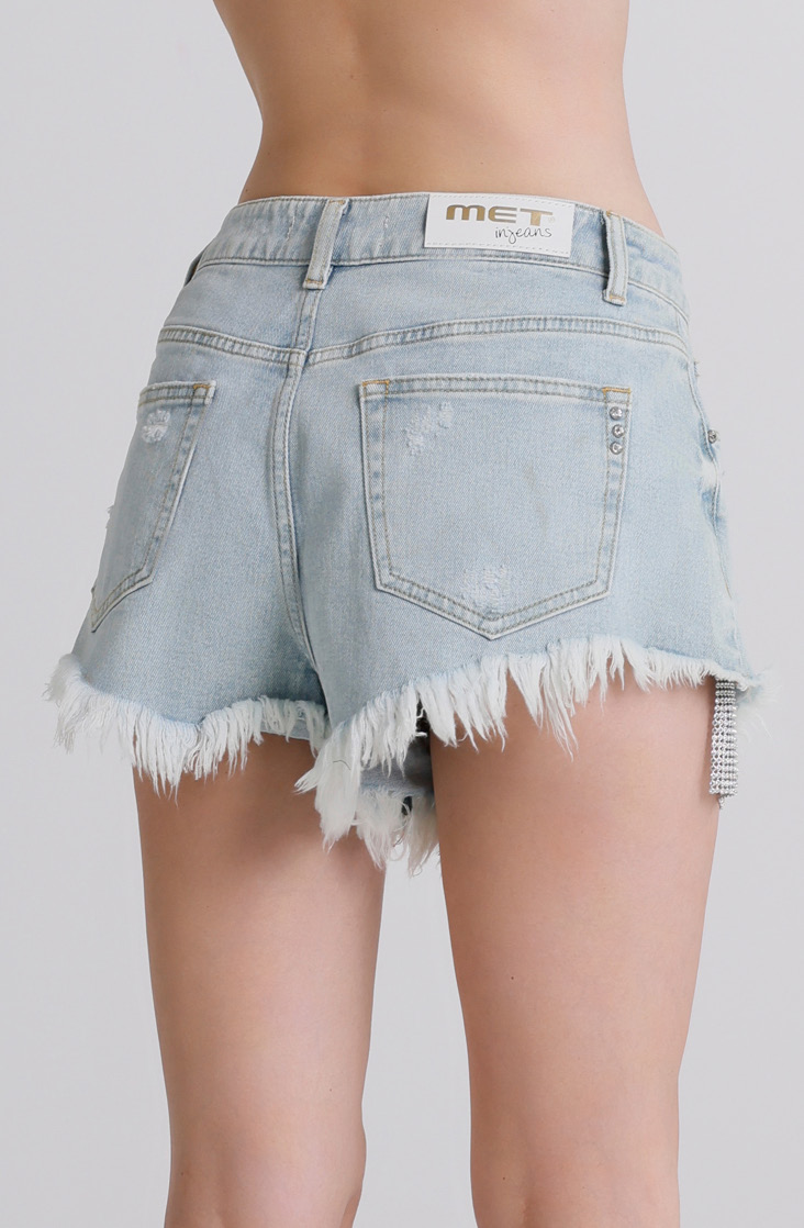 Shorts Donna Denim Chiaro con Strappi e Orlo Sfilacciato – Vita Media, Stile Casual Glam